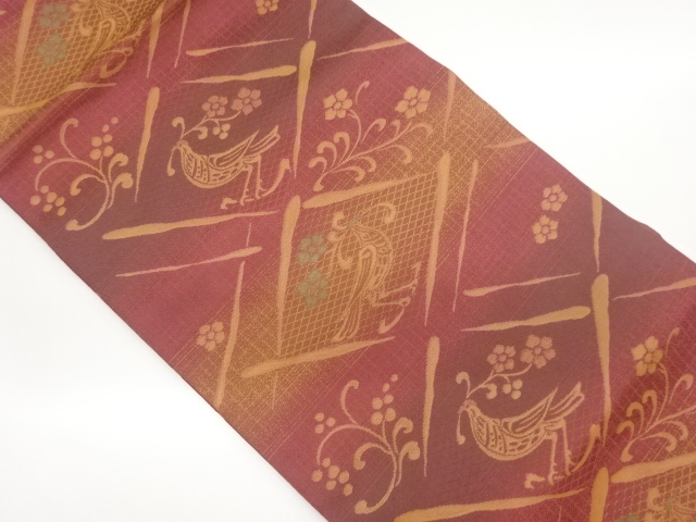 JAPANESE NAGOYA OBI / WOVEN BIRD & FLORAL PLANTS